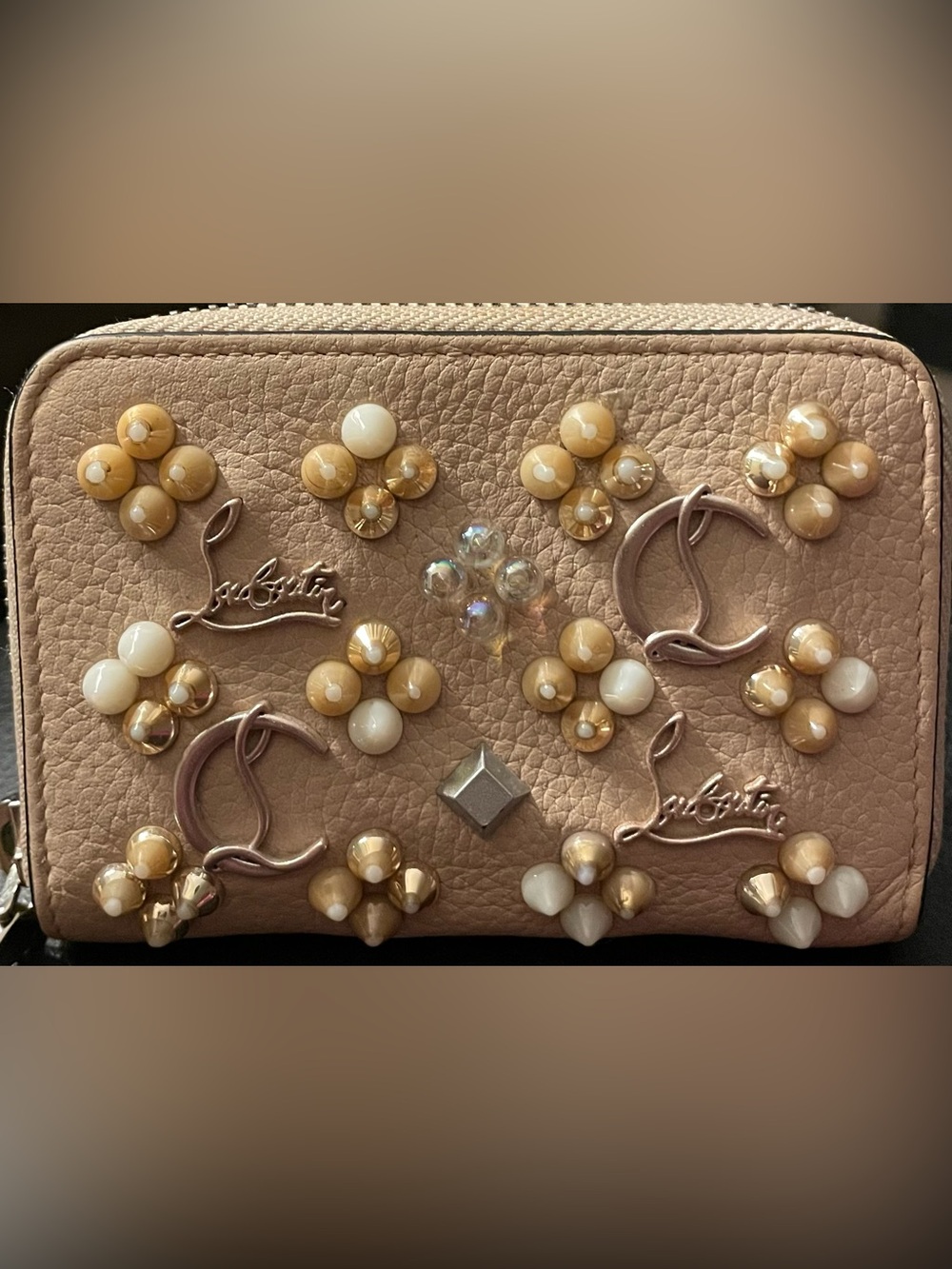 Christian Louboutin Nude Red Embellished Leather Wallet